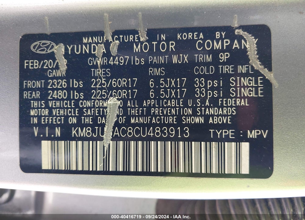 2012 HYUNDAI TUCSON GLS VIN: KM8JU3AC8CU483913