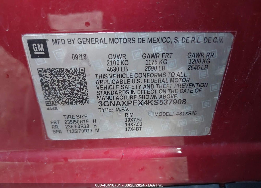 2019 CHEVROLET EQUINOX PREMIER VIN: 3GNAXPEX4KS537908