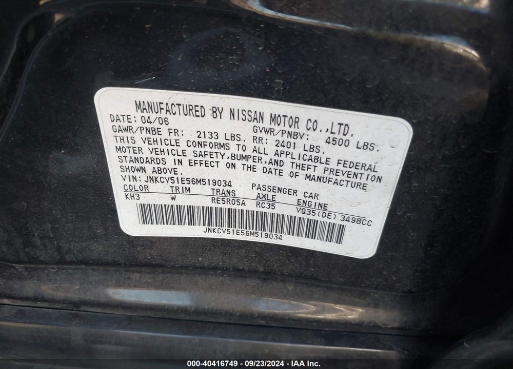 2006 INFINITI G35 VIN: JNKCV51E56M519034