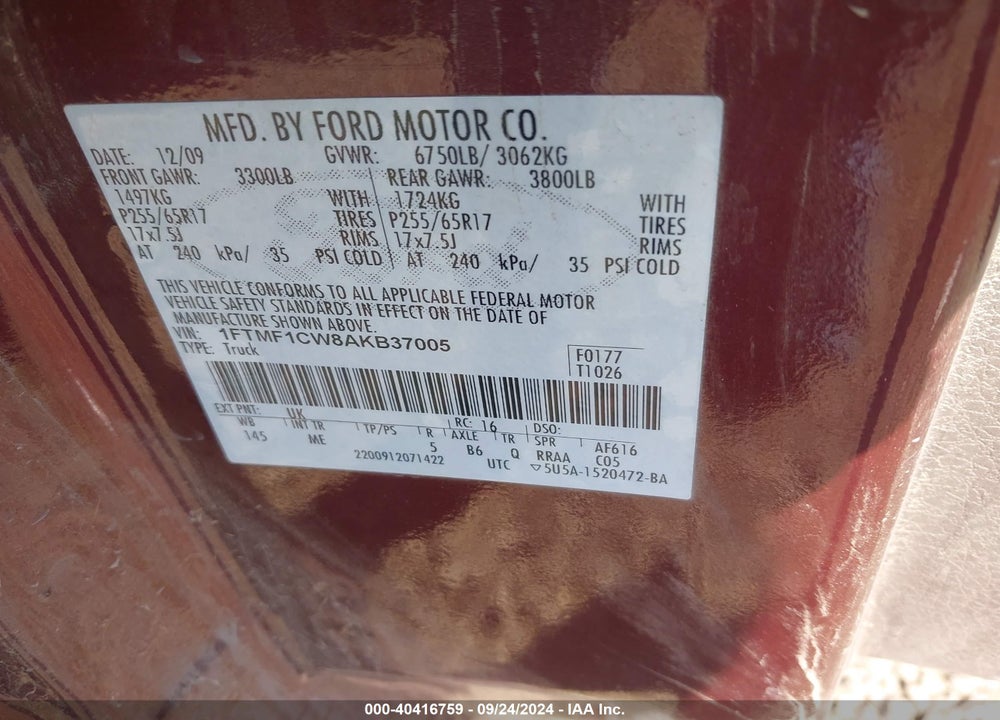 2010 FORD F-150 VIN: 1FTMF1CW8AKB37005