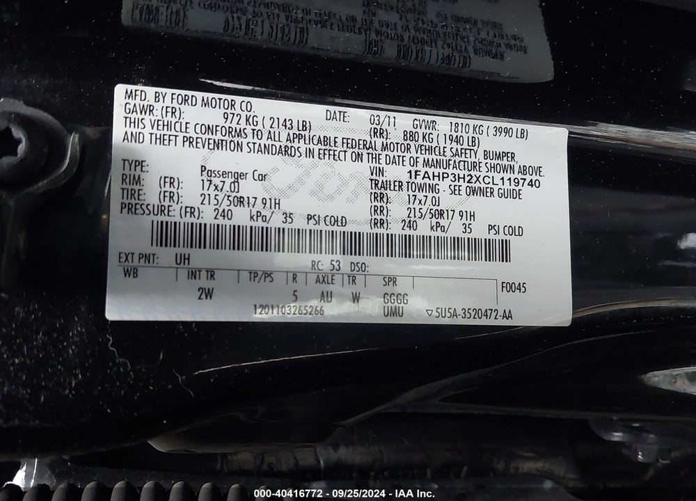 2012 FORD FOCUS SEL VIN: 1FAHP3H2XCL119740
