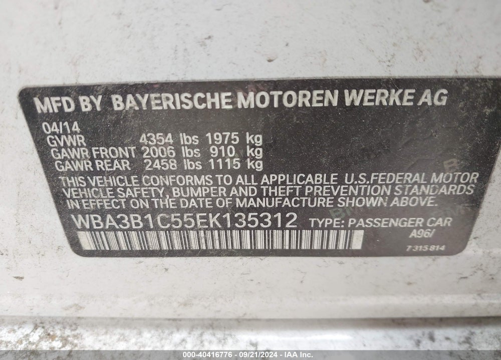 2014 BMW 320I VIN: WBA3B1C55EK135312