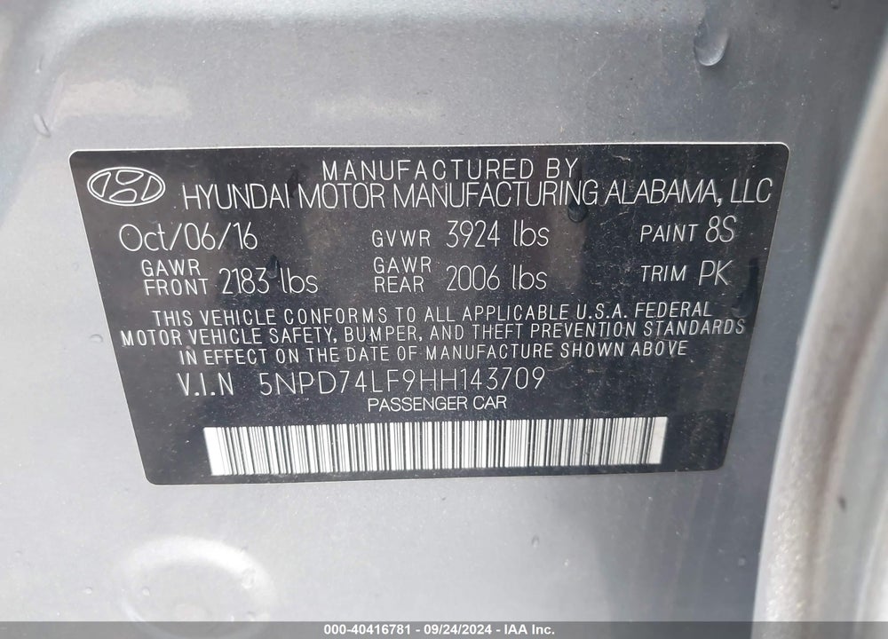 2017 HYUNDAI ELANTRA VIN: 5NPD74LF9HH143709