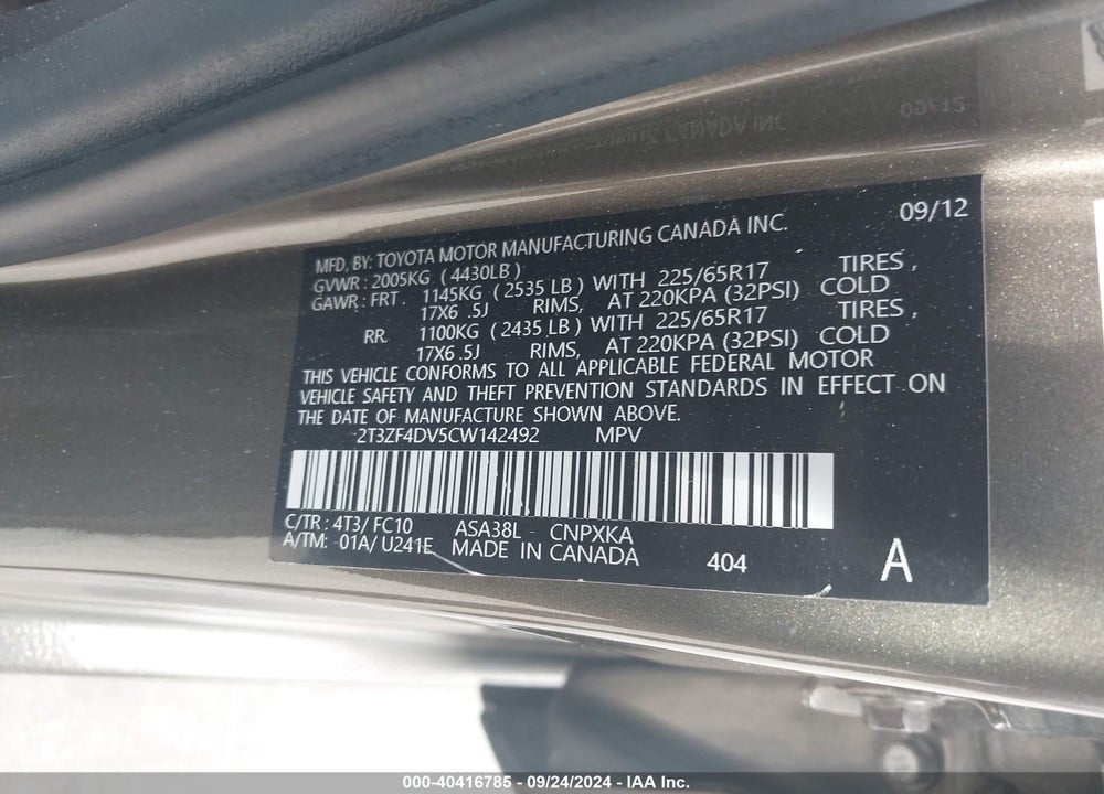 2012 TOYOTA RAV4 VIN: 2T3ZF4DV5CW142492