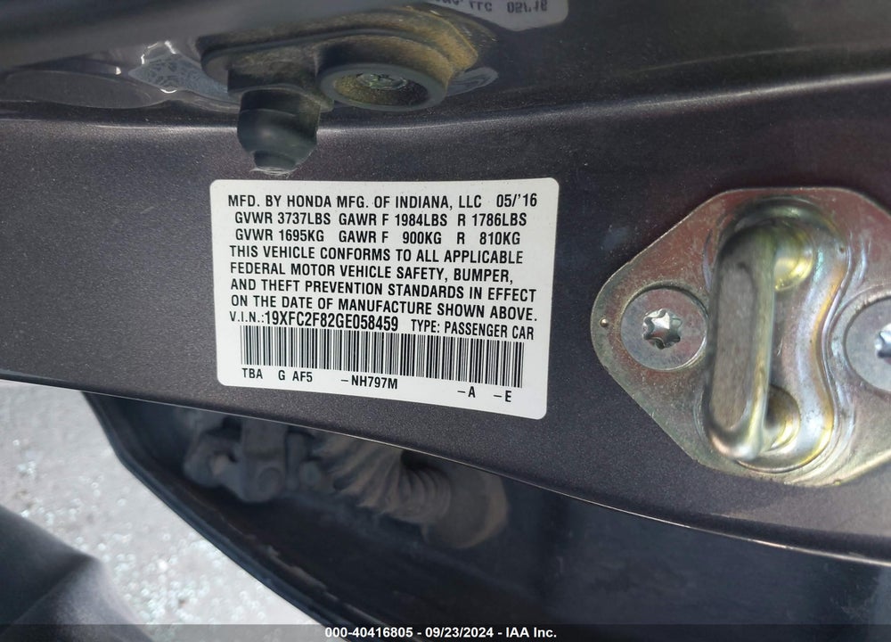 2016 HONDA CIVIC EX VIN: 19XFC2F82GE058459