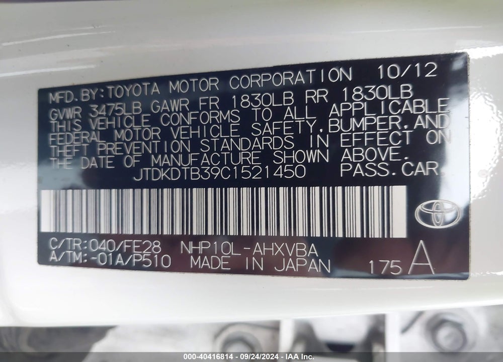 2012 TOYOTA PRIUS C ONE VIN: JTDKDTB39C1521450