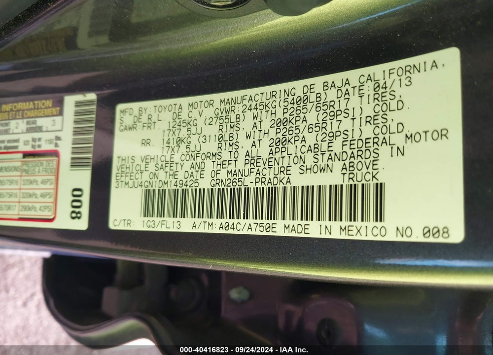2013 TOYOTA TACOMA PRERUNNER V6 VIN: 3TMJU4GN1DM149425