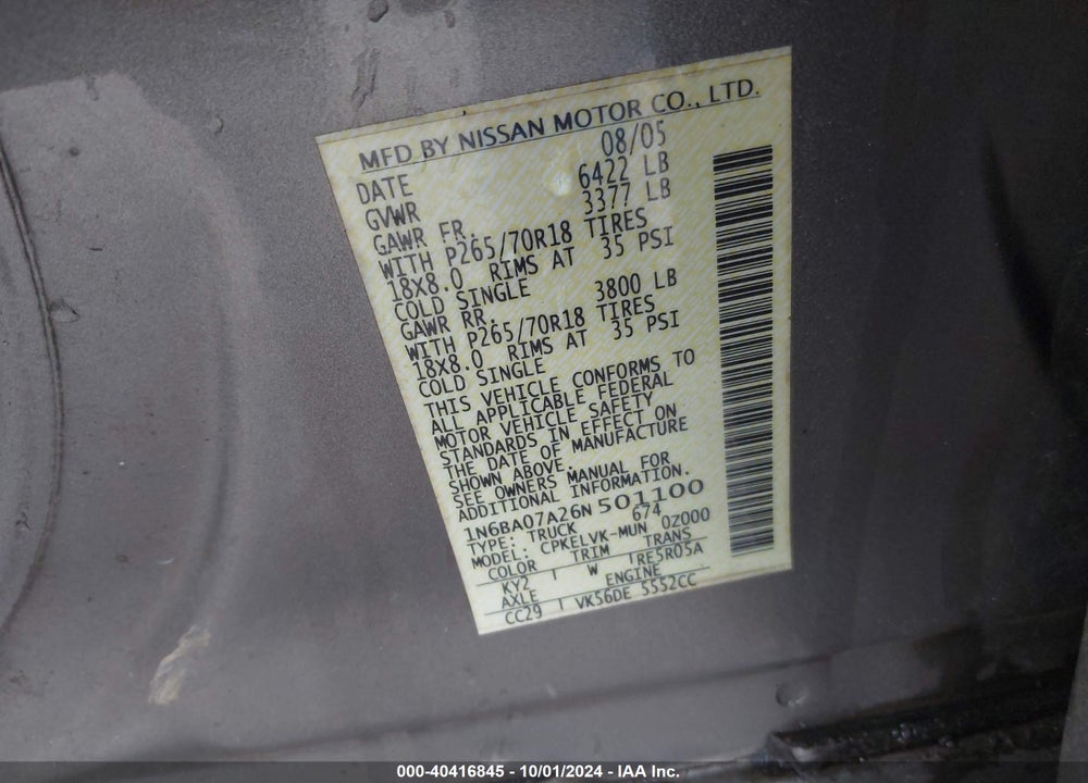 2006 NISSAN TITAN LE VIN: 1N6BA07A26N501100