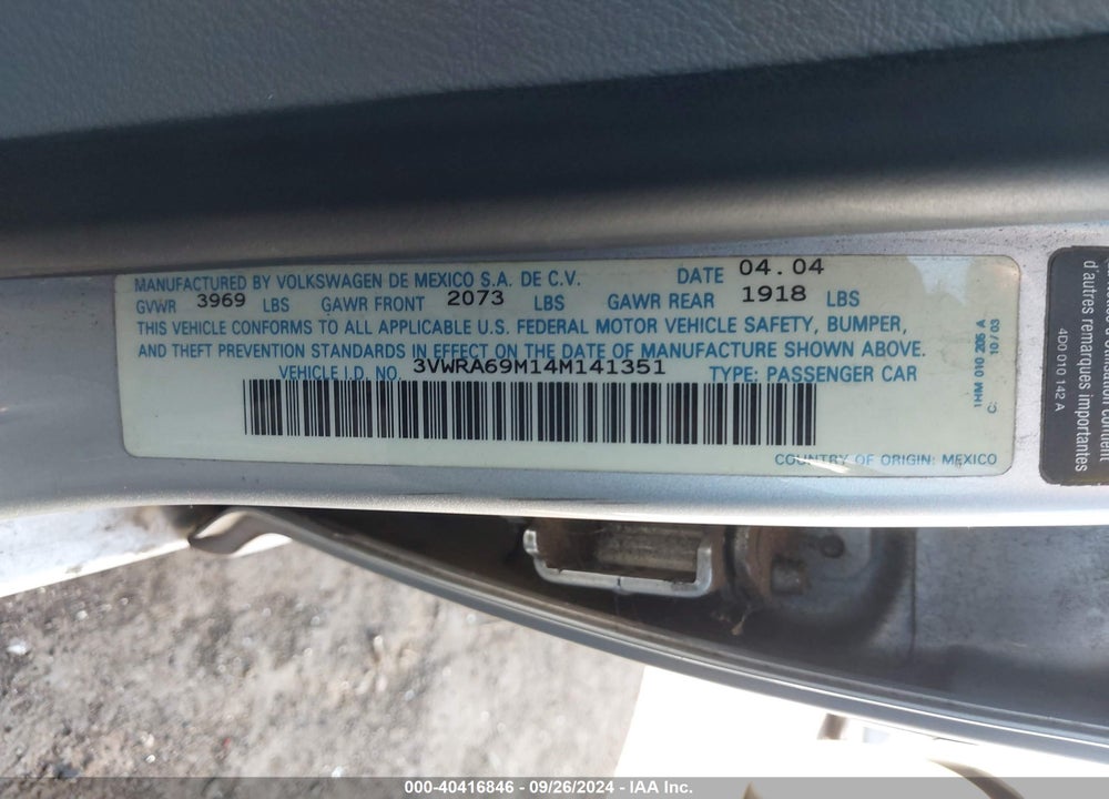 2004 VOLKSWAGEN JETTA GL VIN: 3VWRA69M14M141351