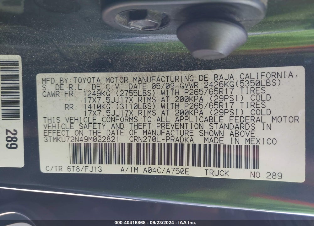 2009 TOYOTA TACOMA PRERUNNER V6 VIN: 3TMKU72N49M022821