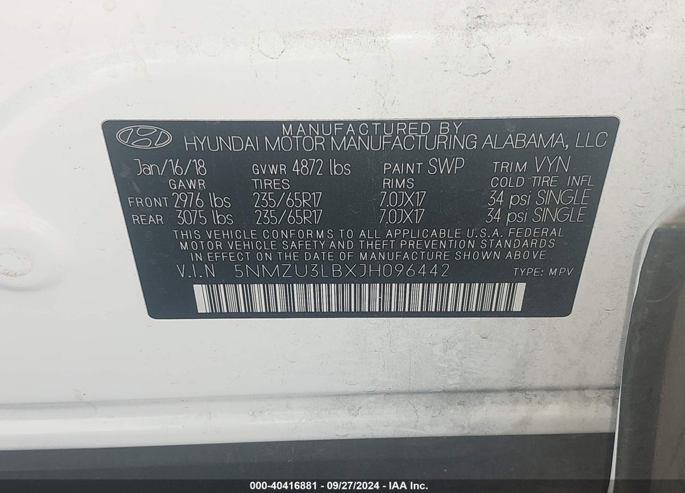 2018 HYUNDAI SANTA FE SPORT 2.4L VIN: 5NMZU3LBXJH096442