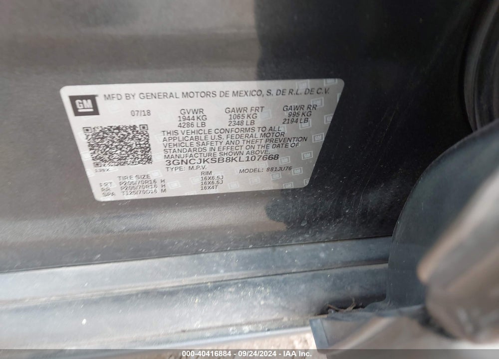 2019 CHEVROLET TRAX LS VIN: 3GNCJKSB8KL107668