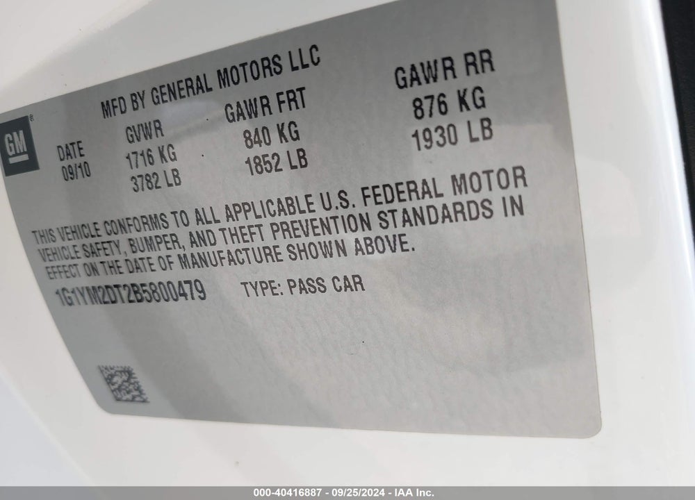 2011 CHEVROLET CORVETTE ZR1 VIN: 1G1YM2DT2B5800479