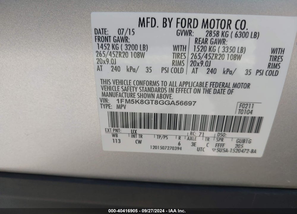 2016 FORD EXPLORER SPORT VIN: 1FM5K8GT8GGA56697