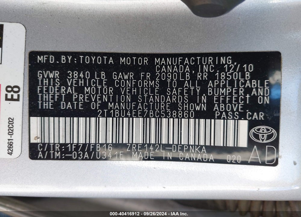 2011 TOYOTA COROLLA LE VIN: 2T1BU4EE7BC538860