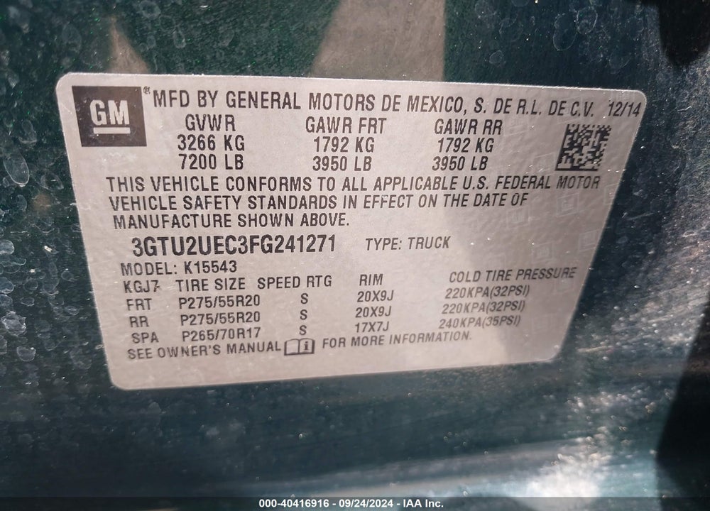 2015 GMC SIERRA 1500 SLE VIN: 3GTU2UEC3FG241271