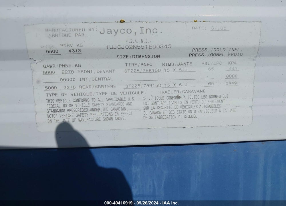 2005 JAYCO JAY FLIGHT 27 FT VIN: 1UJCJ02N551E90345
