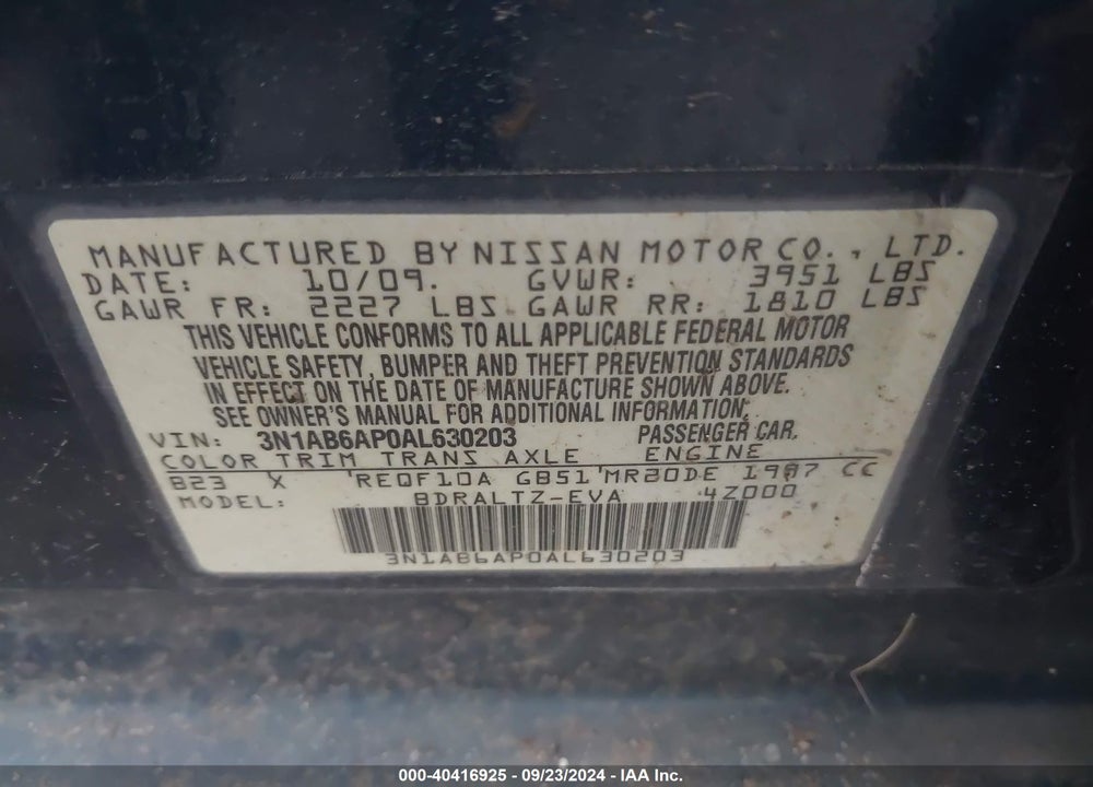 2010 NISSAN SENTRA 2.0S VIN: 3N1AB6AP0AL630203