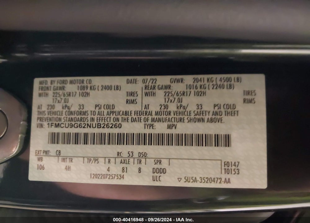 2022 FORD ESCAPE SE VIN: 1FMCU9G62NUB26260