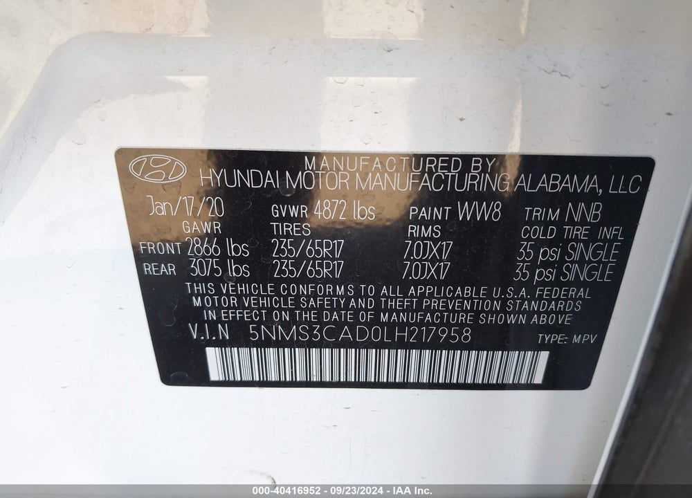 2020 HYUNDAI SANTA FE SEL VIN: 5NMS3CAD0LH217958