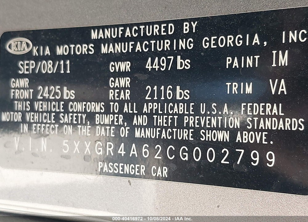 2012 KIA OPTIMA SX VIN: 5XXGR4A62CG002799