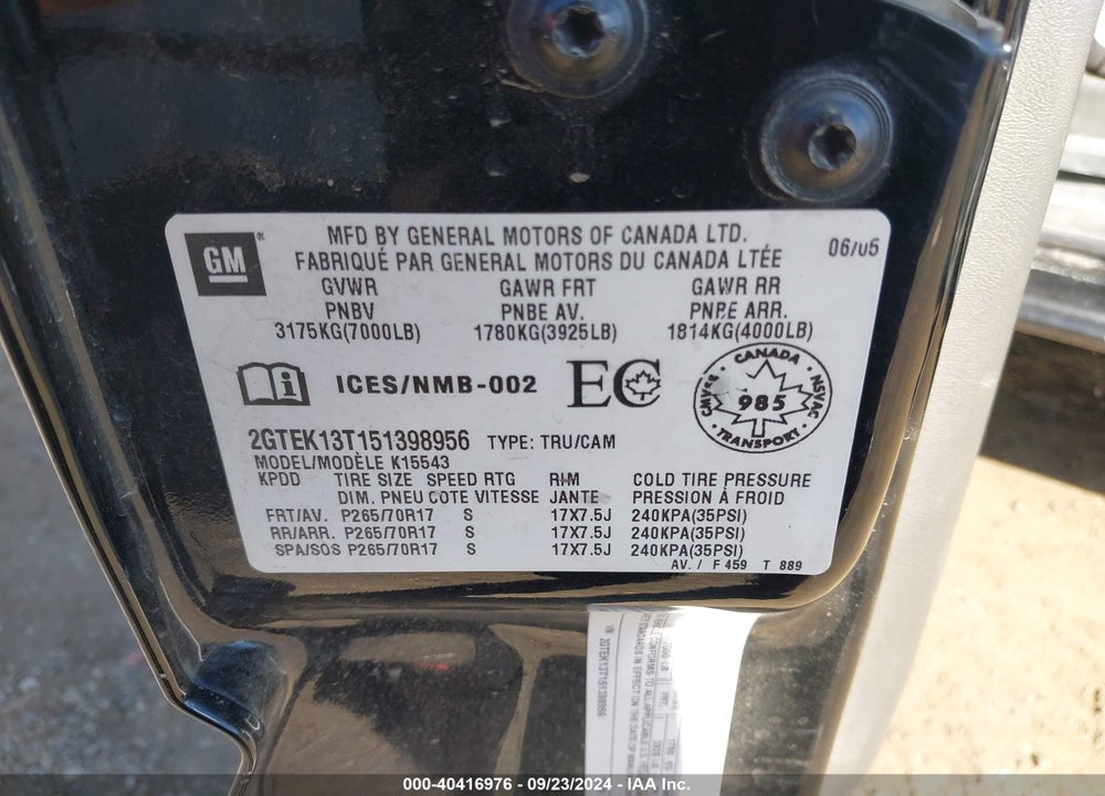 2005 GMC SIERRA 1500 SLE/SLT VIN: 2GTEK13T151398956