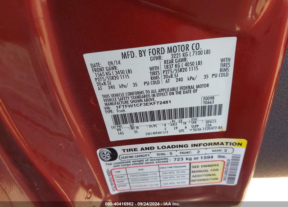 2014 FORD F-150 STX VIN: 1FTFW1CF3EKF72481