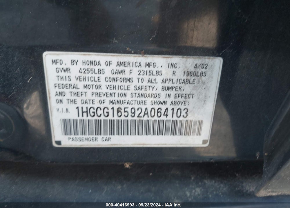 2002 HONDA ACCORD 3.0 EX VIN: 1HGCG16592A064103