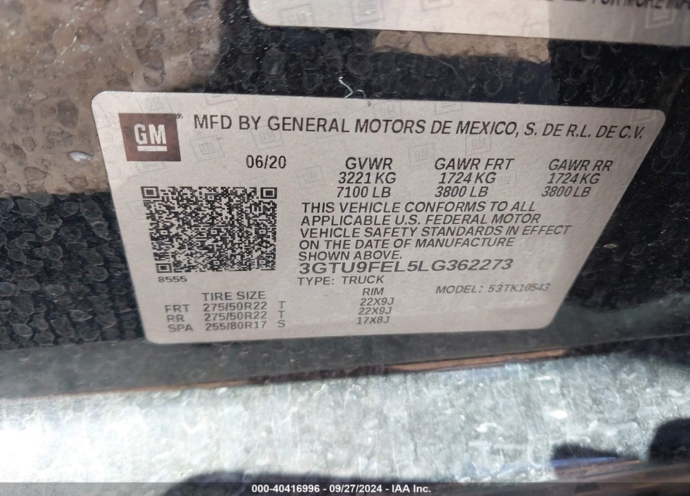 2020 GMC SIERRA 1500 4WD SHORT BOX DENALI VIN: 3GTU9FEL5LG362273