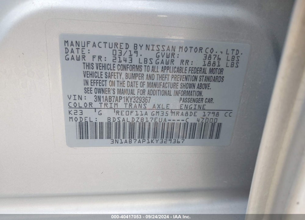 2019 NISSAN SENTRA SV VIN: 3N1AB7AP1KY329367
