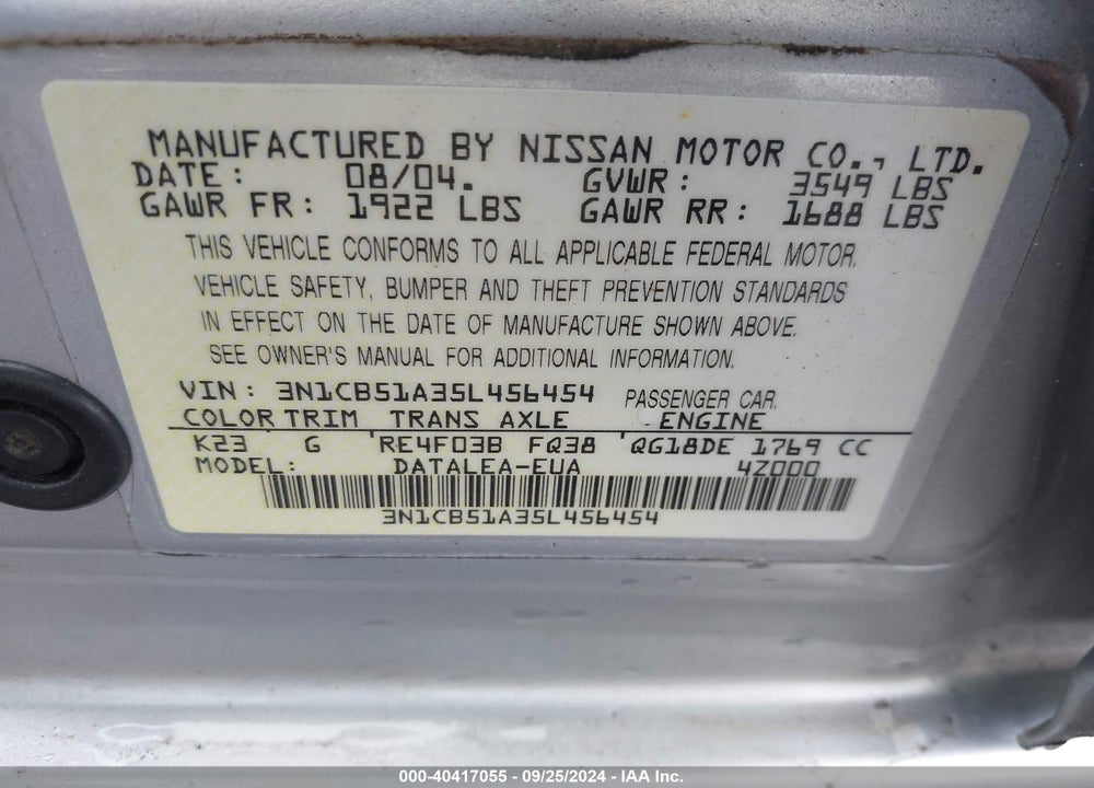 2005 NISSAN SENTRA 1.8S VIN: 3N1CB51A35L456454