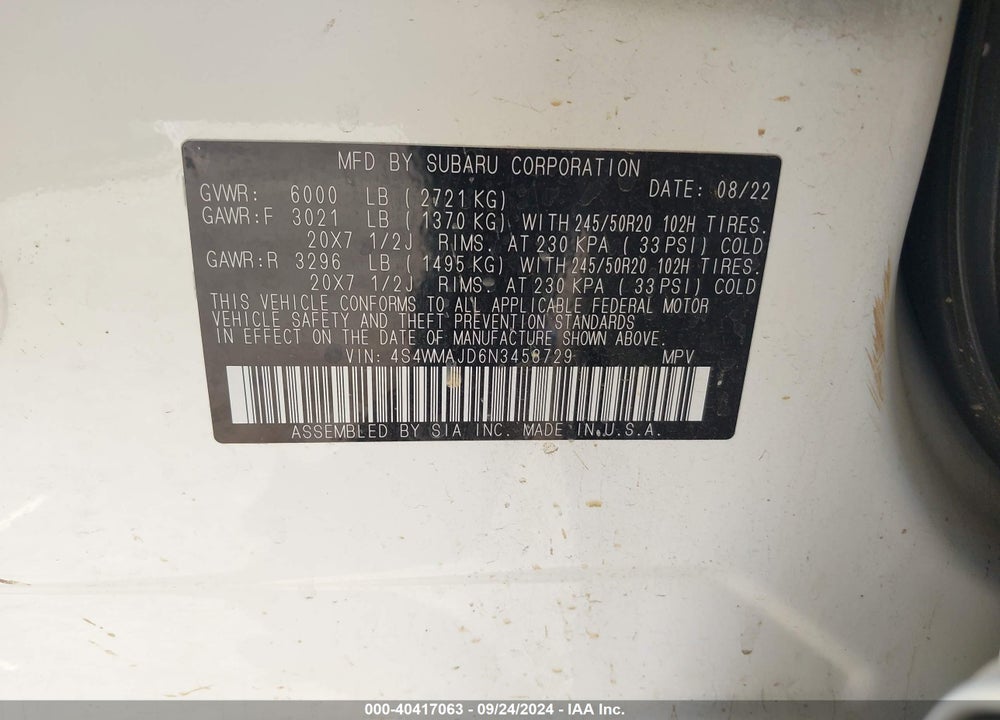 2022 SUBARU ASCENT ONYX EDITION VIN: 4S4WMAJD6N3458729