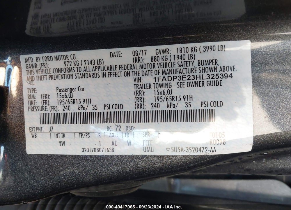 2017 FORD FOCUS S VIN: 1FADP3E23HL325394