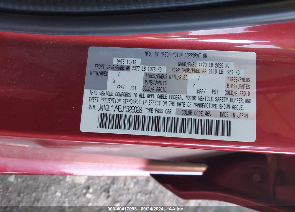 2018 MAZDA 6 TOURING VIN: JM1GL1VM6J1329028