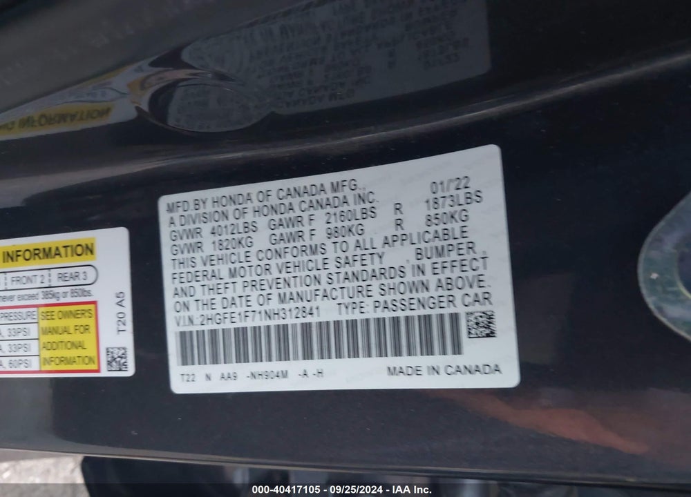 2022 HONDA CIVIC EX VIN: 2HGFE1F71NH312841