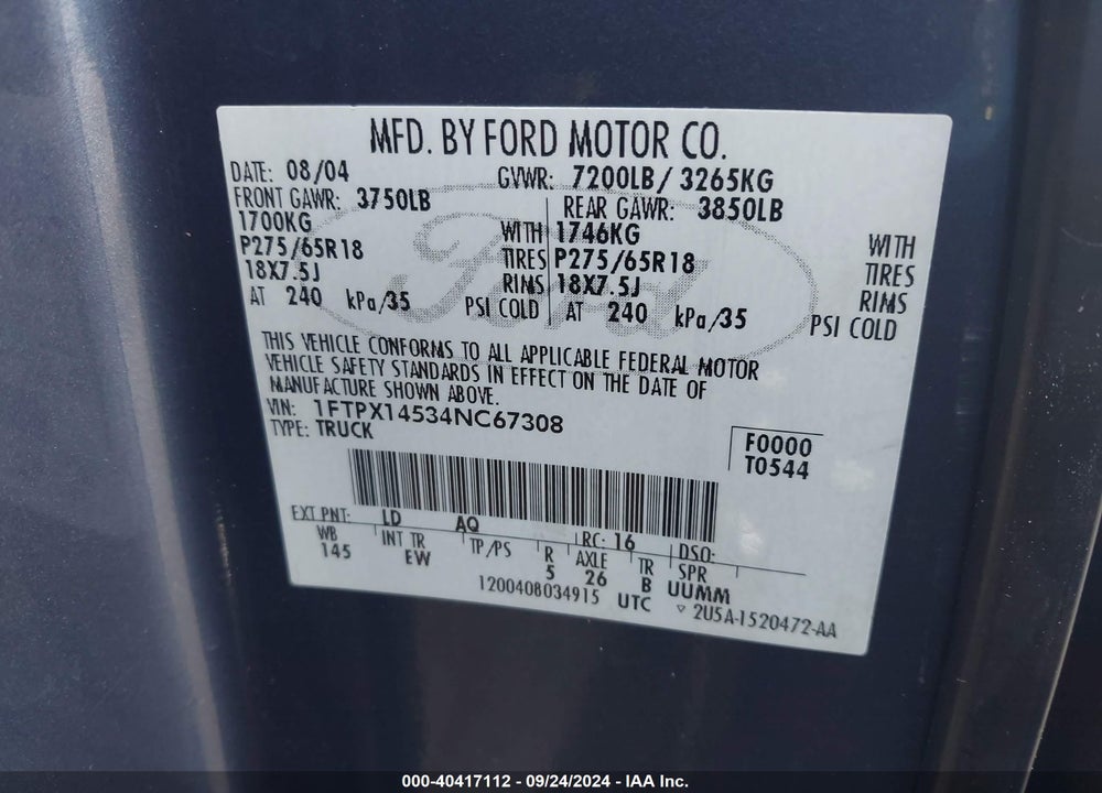 2004 FORD F-150 FX4/LARIAT/XL/XLT VIN: 1FTPX14534NC67308