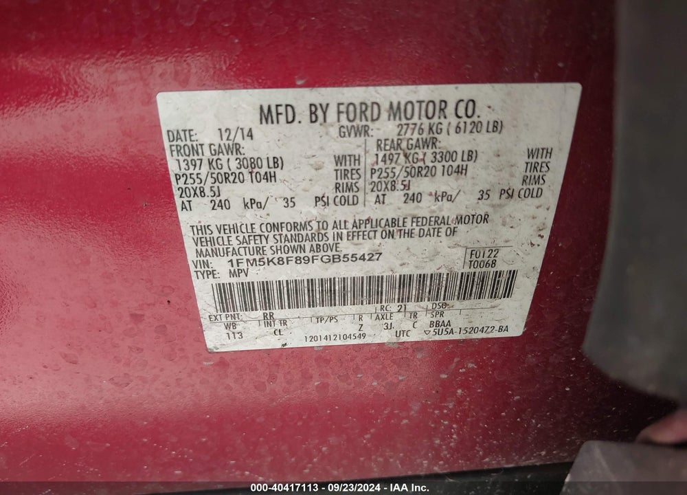 2015 FORD EXPLORER LIMITED VIN: 1FM5K8F89FGB55427