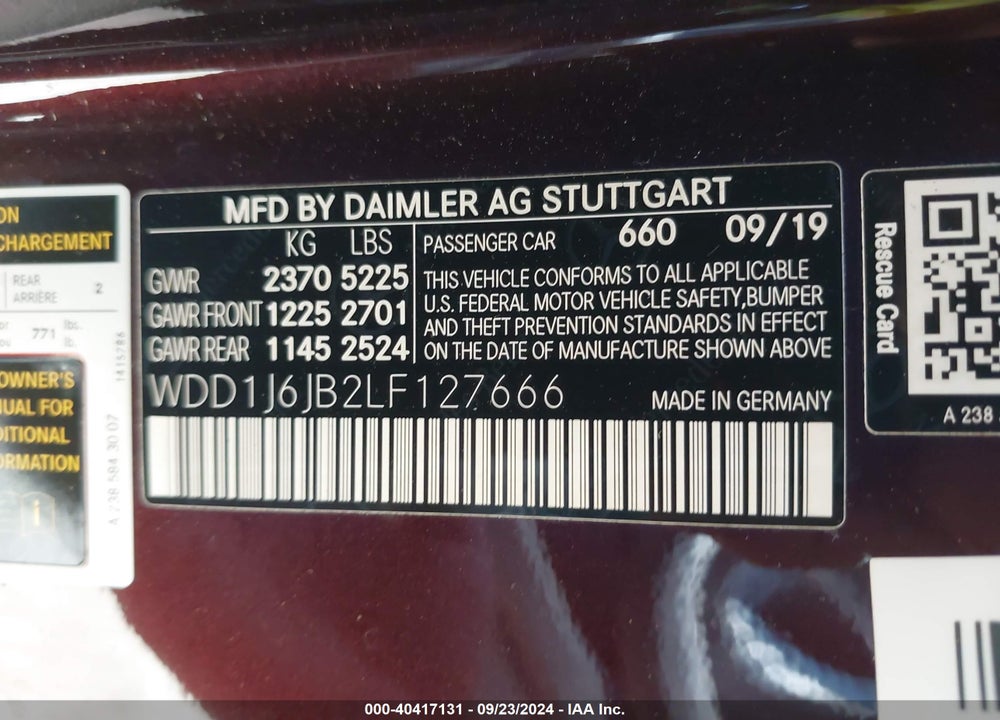 2020 MERCEDES-BENZ E 450 4MATIC VIN: WDD1J6JB2LF127666