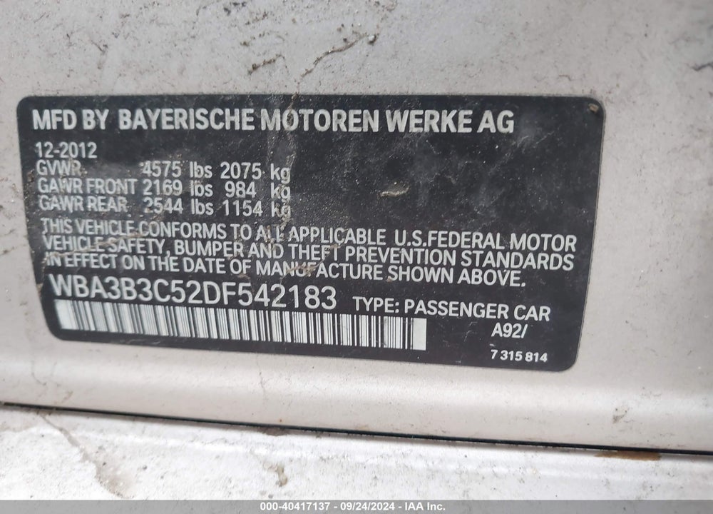 2013 BMW 328I XDRIVE VIN: WBA3B3C52DF542183