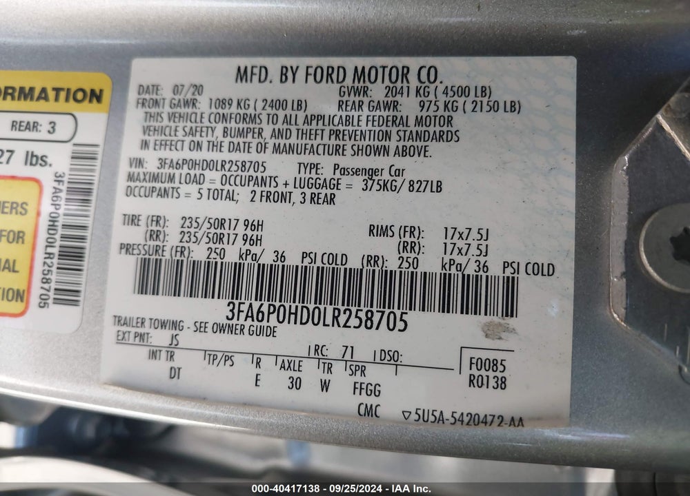 2020 FORD FUSION SE VIN: 3FA6P0HD0LR258705