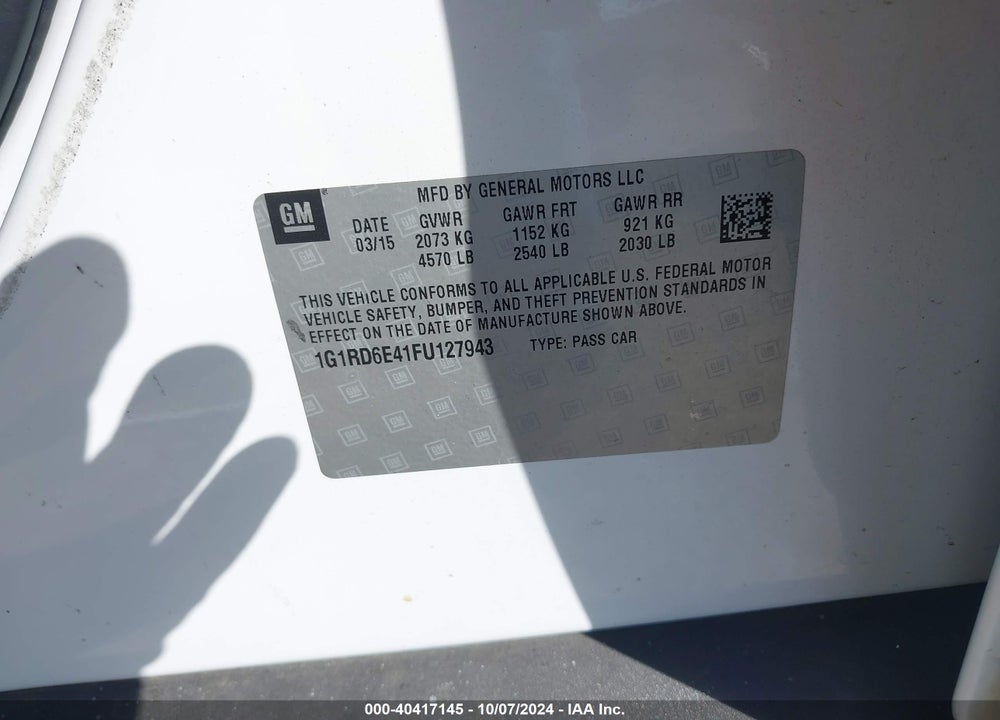 2015 CHEVROLET VOLT VIN: 1G1RD6E41FU127943