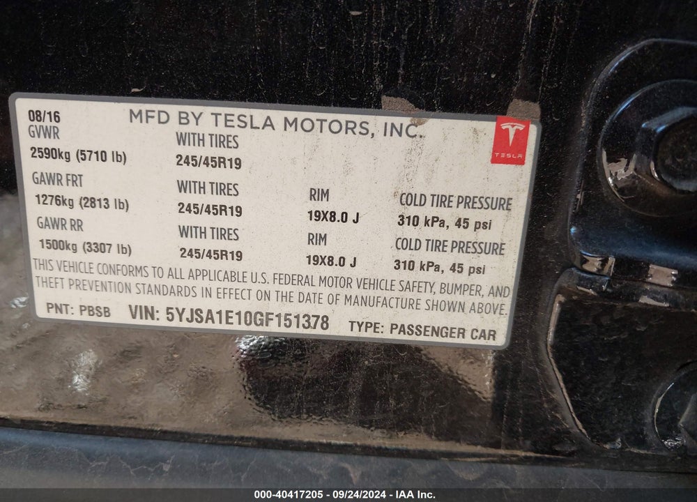 2016 TESLA MODEL S 60/70/75/85 VIN: 5YJSA1E10GF151378