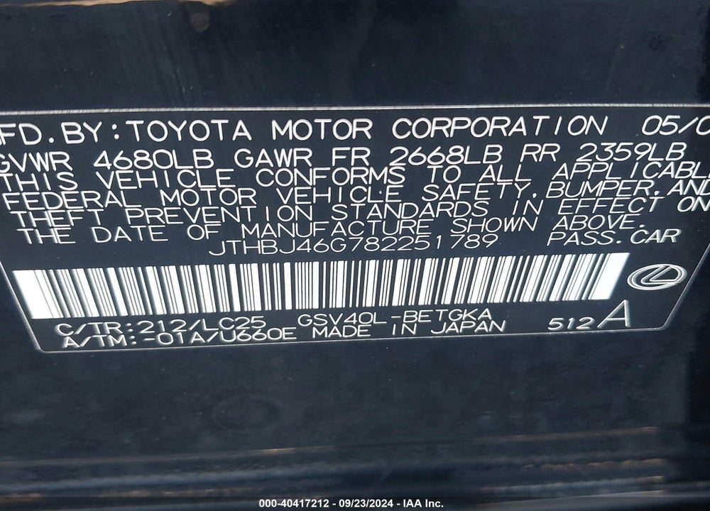 2008 LEXUS ES 350 VIN: JTHBJ46G782251789