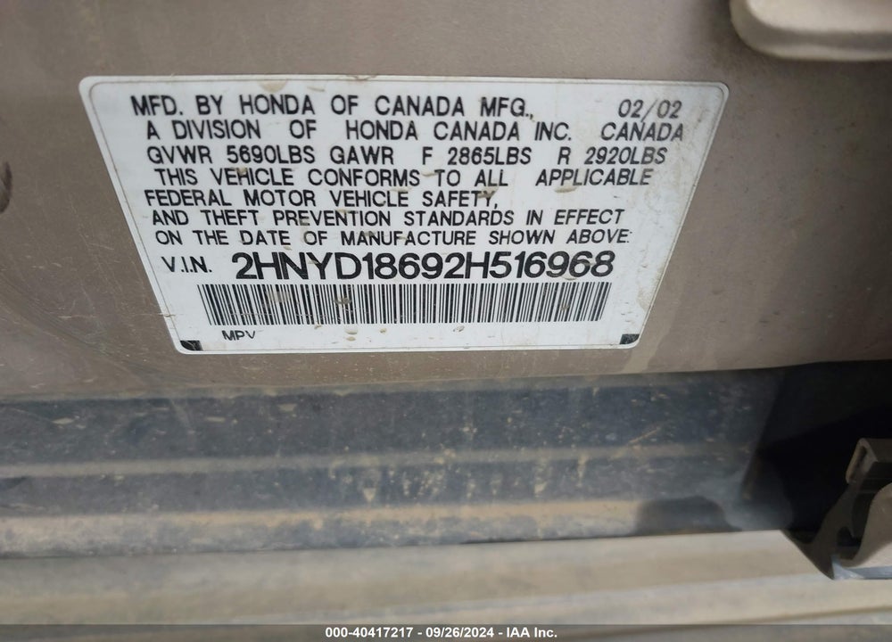 2002 ACURA MDX VIN: 2HNYD18692H516968
