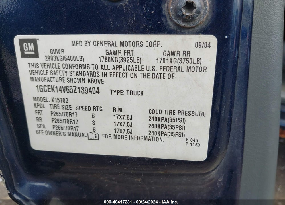 2005 CHEVROLET SILVERADO 1500 VIN: 1GCEK14V65Z139404