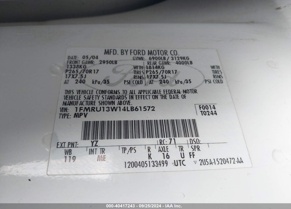 2004 FORD EXPEDITION XLS VIN: 1FMRU13W14LB61572