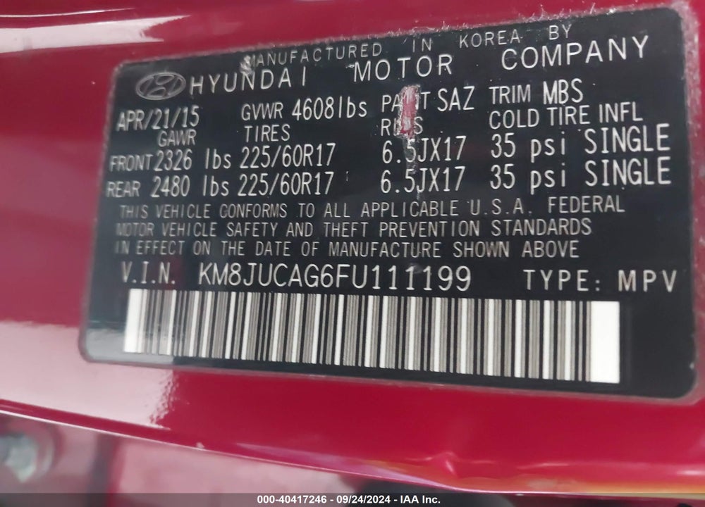 2015 HYUNDAI TUCSON SE VIN: KM8JUCAG6FU111199
