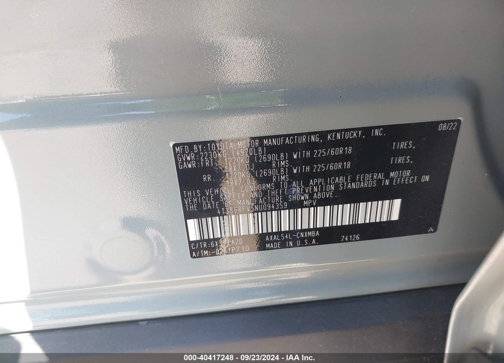 2022 TOYOTA RAV4 HYBRID XLE PREMIUM VIN: 4T3B6RFV5NU094359