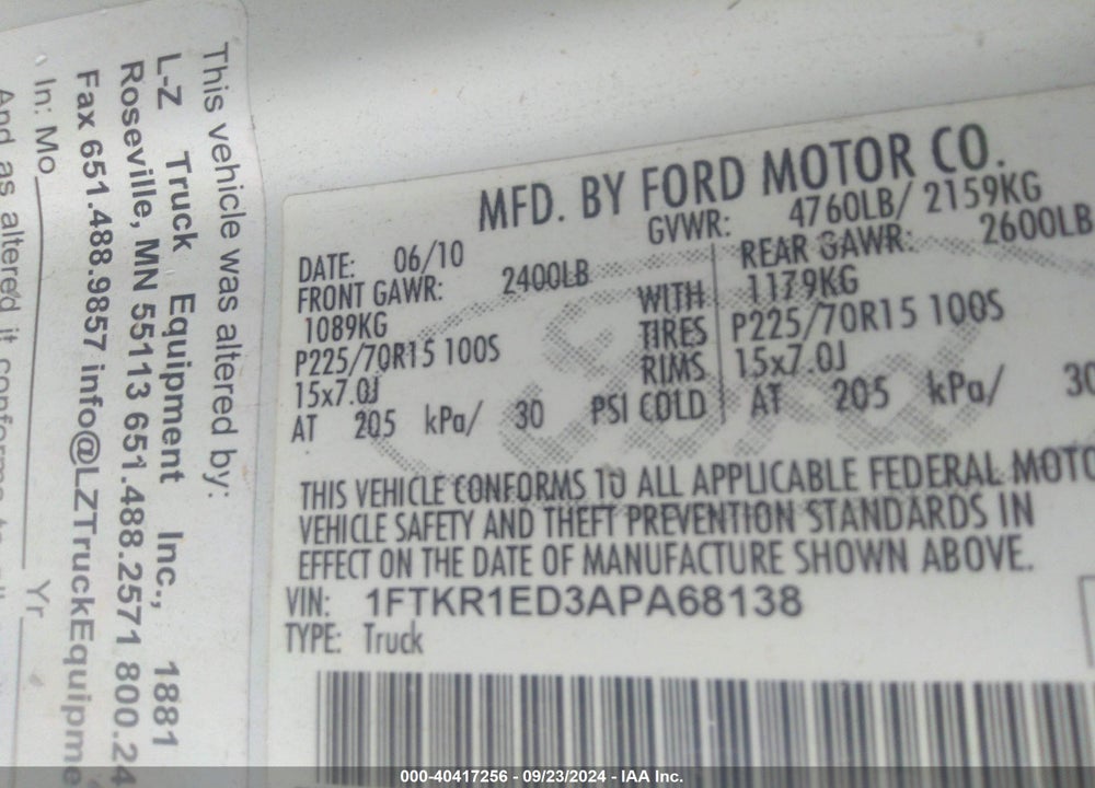 2010 FORD RANGER XL/XLT VIN: 1FTKR1ED3APA68138