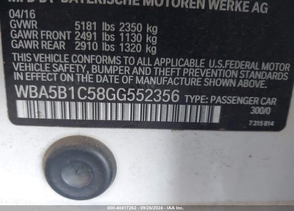 2016 BMW 535I VIN: WBA5B1C58GG552356